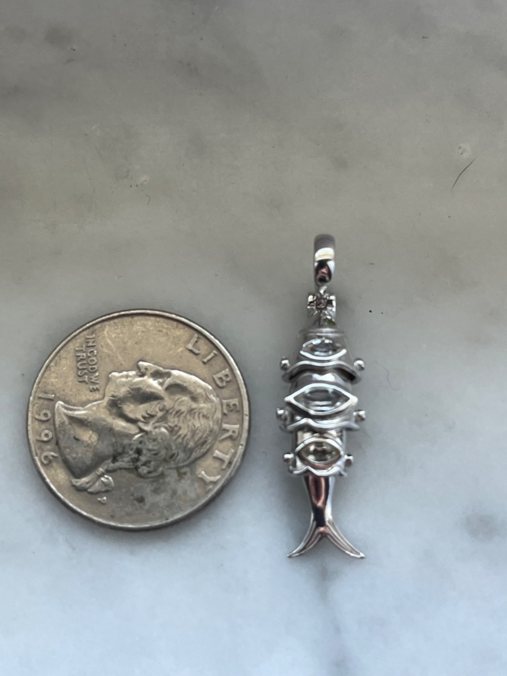Awe Inspired Sterling Silver Segmented White Topaz Lucky Fish Pendant Charm - Picture 5 of 12